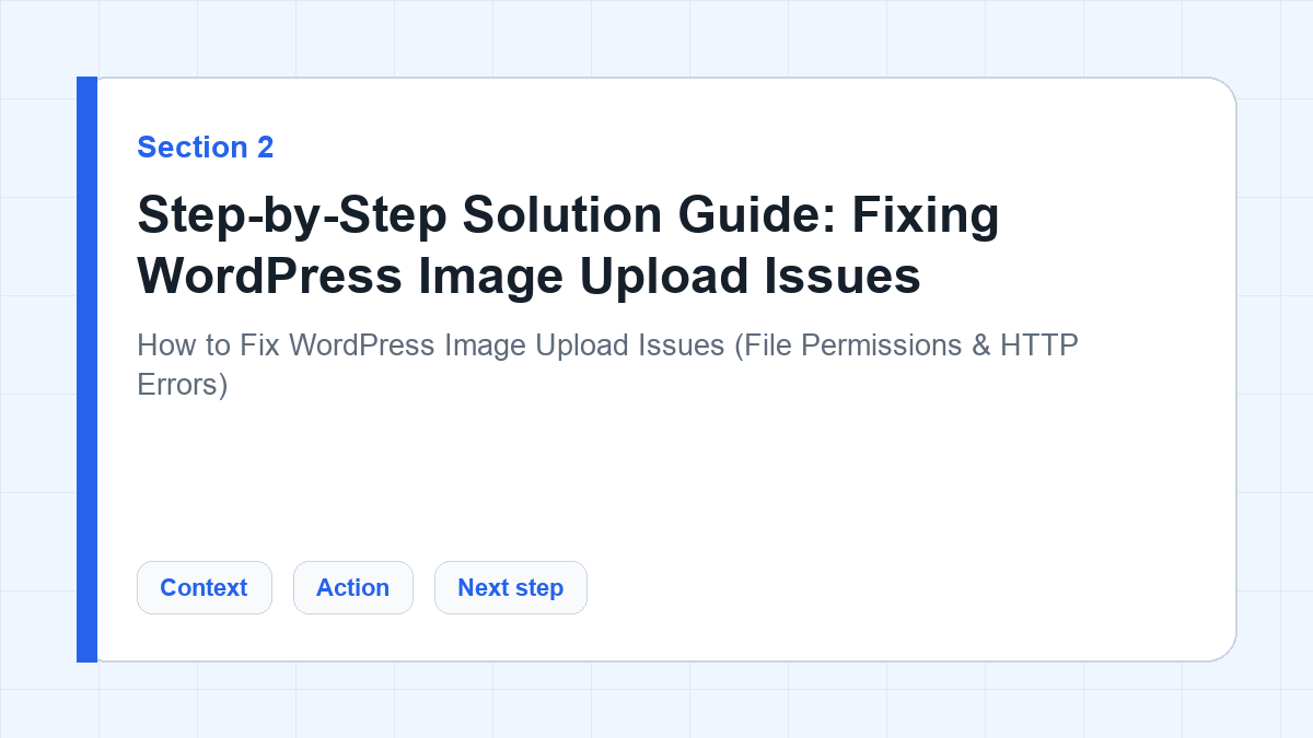 Step-by-Step Solution Guide: Fixing WordPress Image Upload Issues section illustration for How to Fix WordPress Image Upload Issues (File Permissions & HTTP Errors)