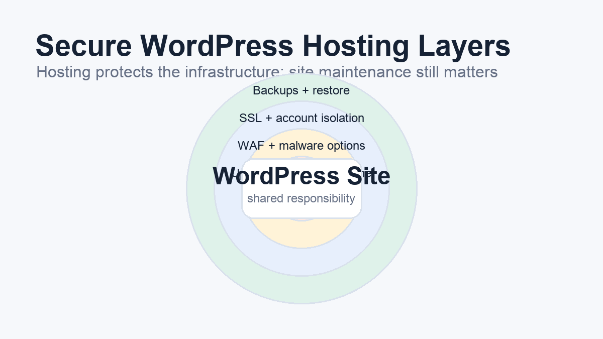 Secure WordPress hosting layers for backups, SSL, WAF options, and maintenance