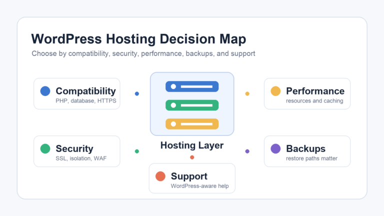 WordPress hosting decision map showing compatibility, security, performance, backups, and support