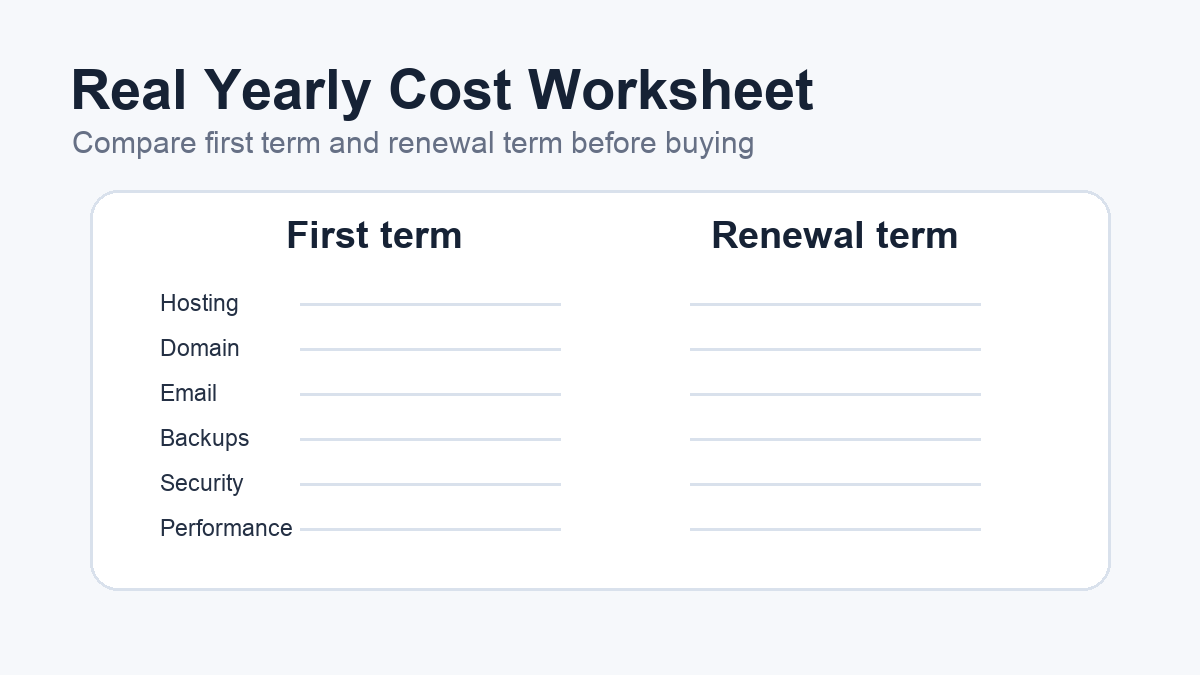 WordPress hosting yearly cost worksheet comparing first term and renewal term