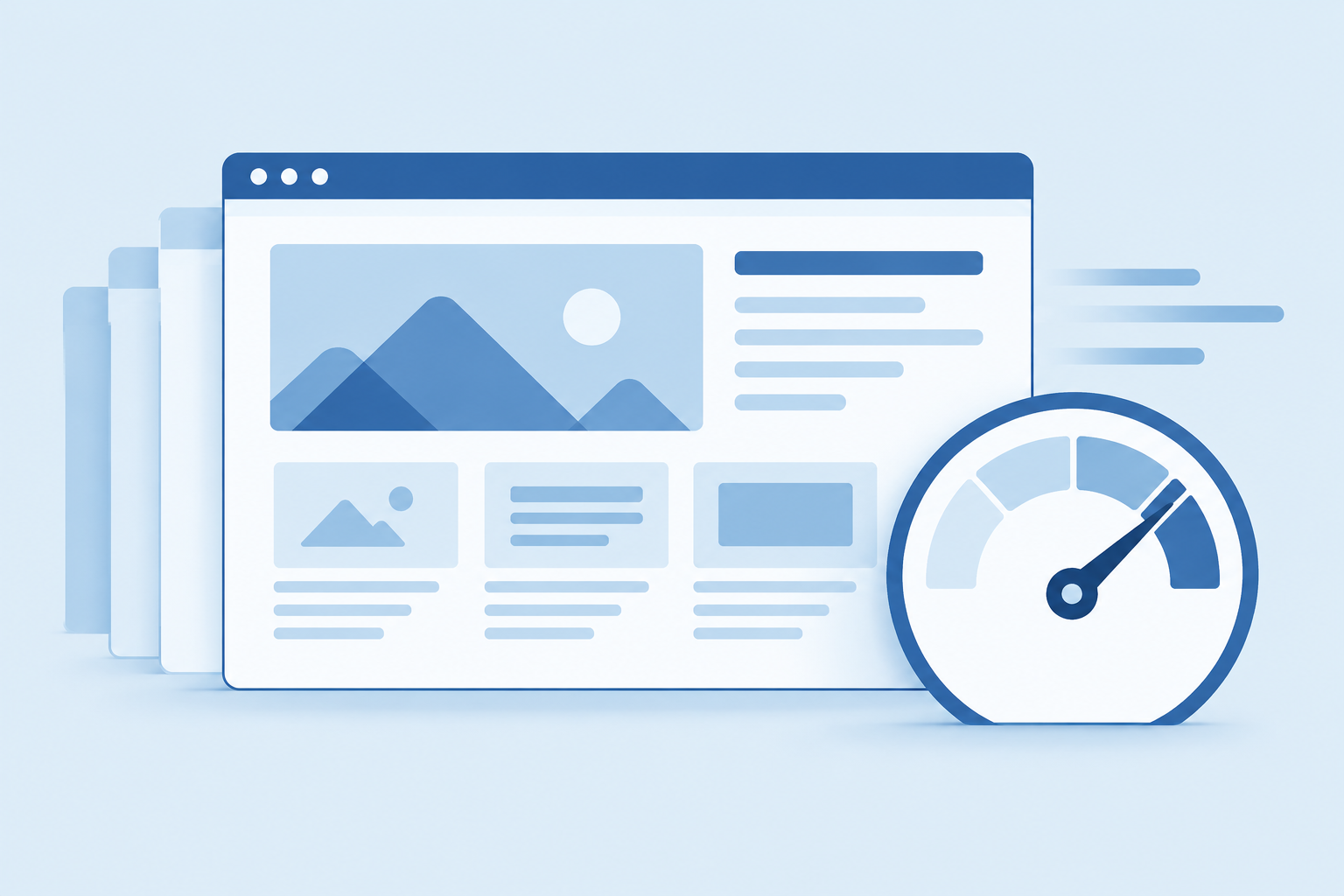 An illustrated browser window beside a simple performance gauge.