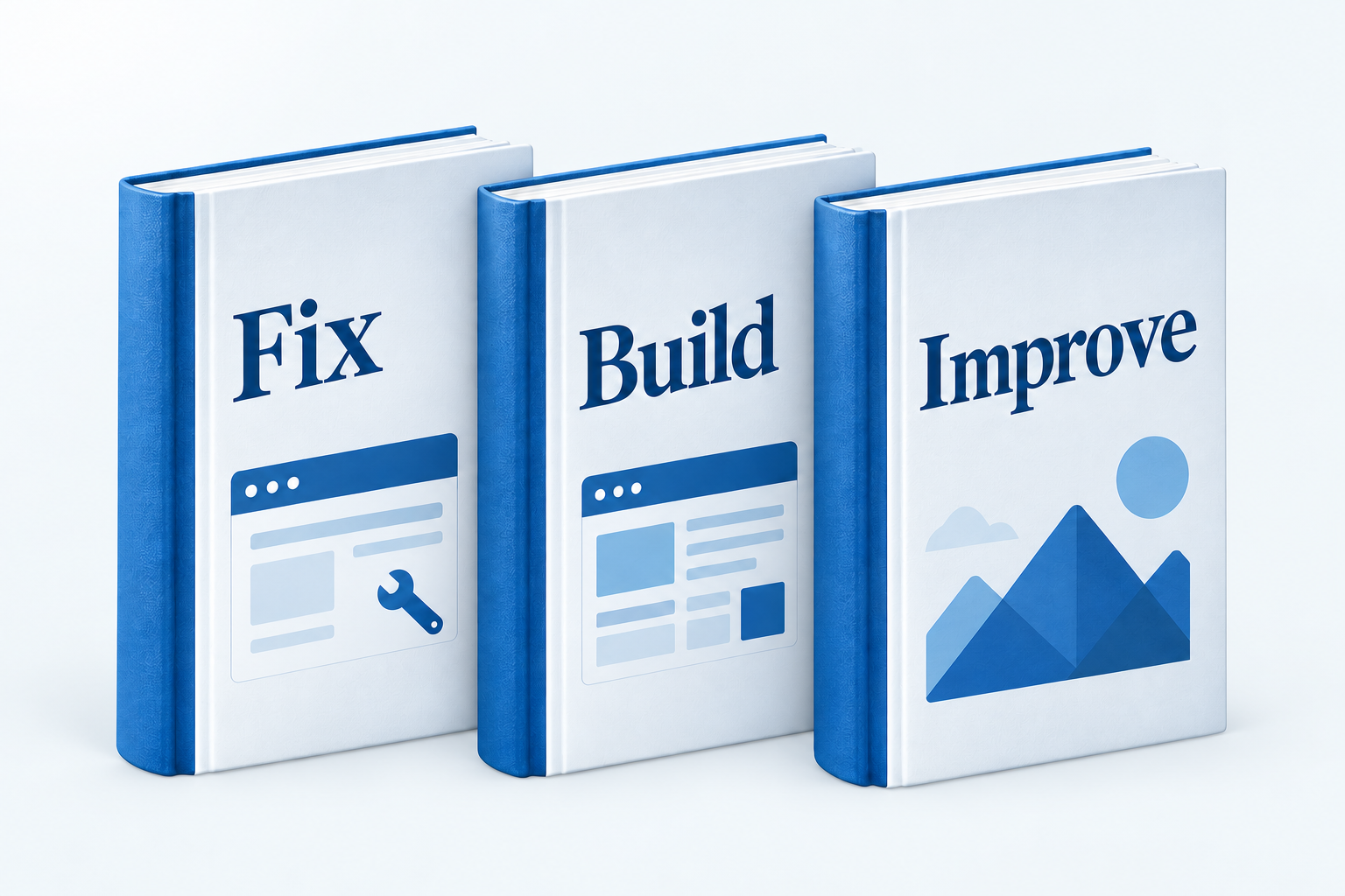 Three blue and white handbooks labeled Fix, Build, and Improve.